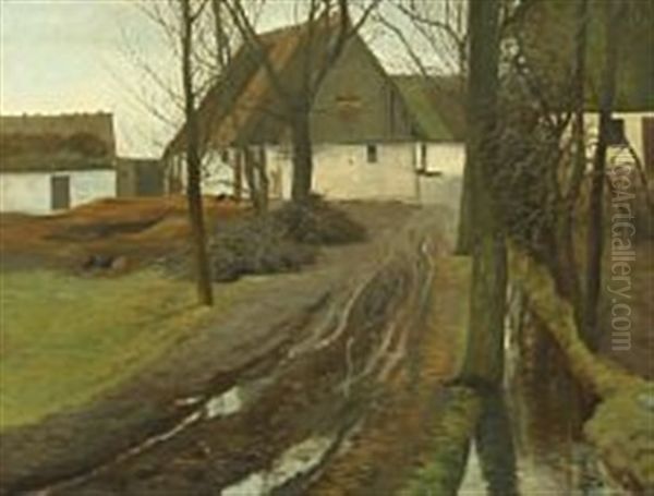 An Autumn Day Near A Thatched Farm Oil Painting by Laurits Andersen Ring