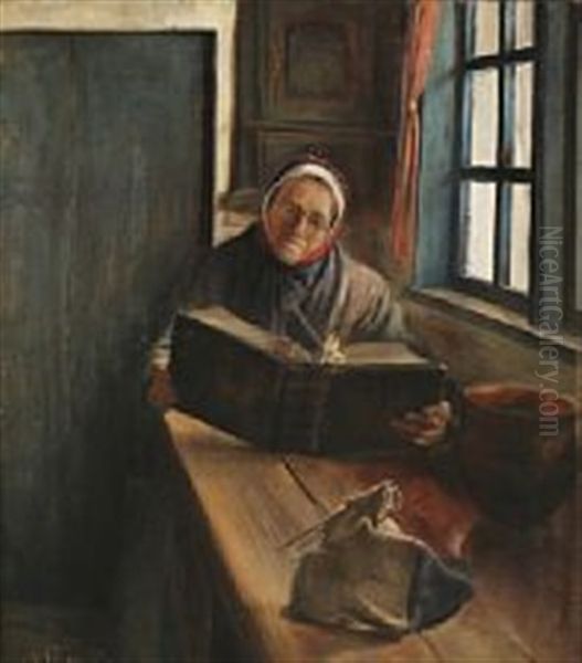 An Old Woman Reading The Bible Oil Painting by Laurits Andersen Ring