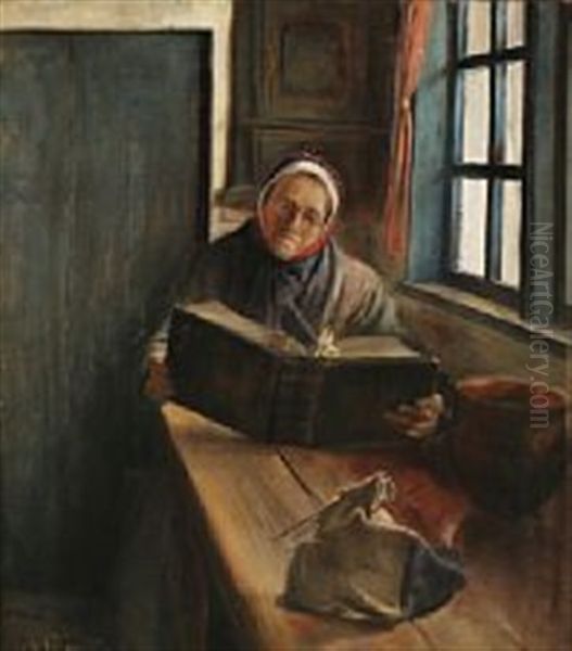 An Old Woman Reading The Bible Oil Painting by Laurits Andersen Ring