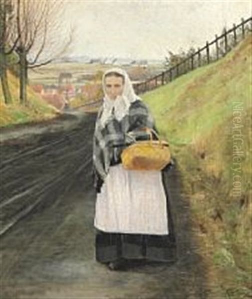 A Woman With A Checkered Shawl Oil Painting by Laurits Andersen Ring