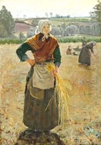 A Woman Gathering Ears Of Corn Oil Painting by Laurits Andersen Ring