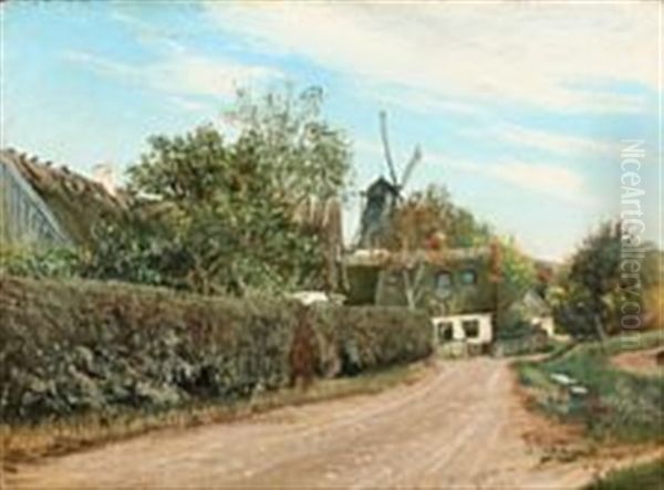 A Road Along A Hedge. In The Background A Mill. Late Summer Oil Painting by Laurits Andersen Ring