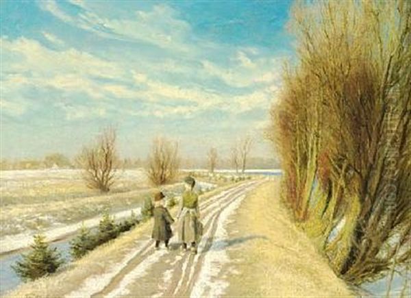 Two Children On A Road With Melting Snow, Early Spring Oil Painting by Laurits Andersen Ring