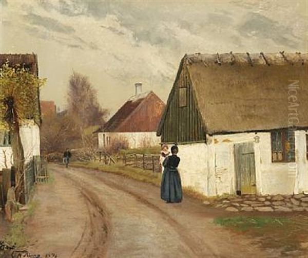 I Landsbyen. Tidligt Foraar. Paa Vejen En Pige Med Et Barn Pa Armen. I Baggrunden En Dreng Med En Maelkespand Oil Painting by Laurits Andersen Ring