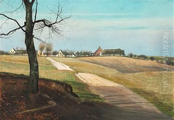 Landscape With A Road To A Village, In The Foreground A Large Naked Tree Oil Painting by Laurits Andersen Ring