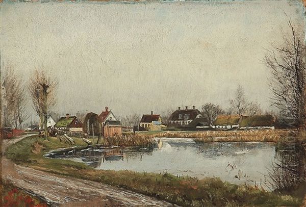 A Winter Day With Gray Skies, And The Houses Of The Village Reflected In The Pond Oil Painting by Laurits Andersen Ring