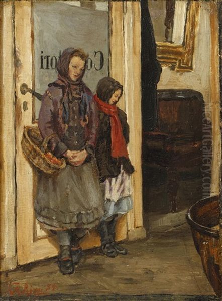 Children By A Doorway Oil Painting by Laurits Andersen Ring