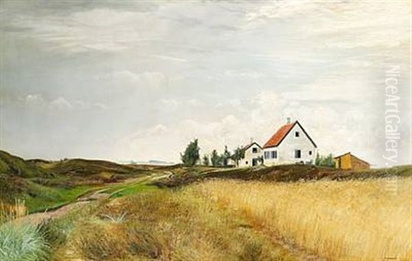 Lyngbakker Greve Strand. Bakkerne Tilvenstre; Mark Med Modent Korn Tilhojre. I Midten Et Hojt Hvidt Hus Med Rodt Tag. Optraekkende Morke Skyer Fra Baggrunden Oil Painting by Laurits Andersen Ring