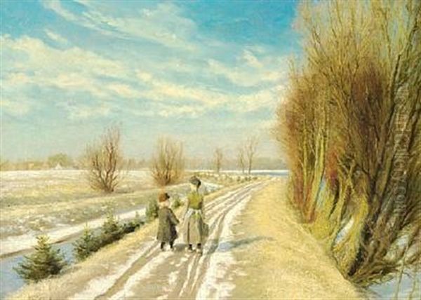 Two Children On A Road With Melting Snow, Early Spring Oil Painting by Laurits Andersen Ring