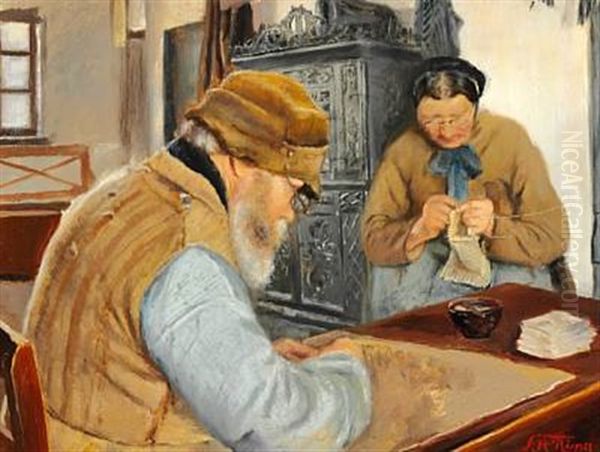 Smallholders In The Village Of Ring. Polske-niels (polish Niels) Is Making Paper Bags, While His Wife Is Knitting In Front Of Stove Oil Painting by Laurits Andersen Ring