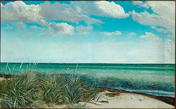 Greve Strand. Fralandsvind. I Forgrunden En Smal Strimmel Sandet Strand Med Marehalm Tilvenstre. Gront Og Blaat Vand Oil Painting by Laurits Andersen Ring