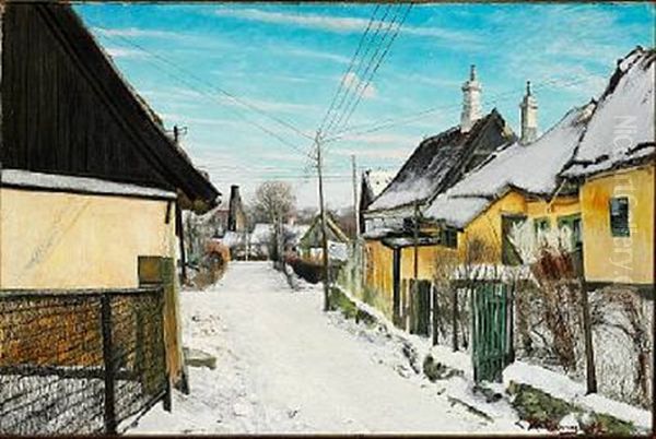 Clear Winter Day In St. Jorgensbjerg. On Both Sides Of The Snow-clad Village Street Yellow Houses Oil Painting by Laurits Andersen Ring