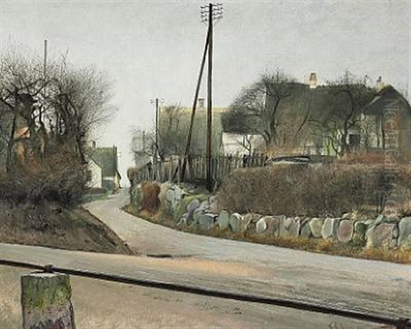 Gade. St. Jorgensbjerg. I Forgrunden En Jernstang Fastgjort Som Raekvaerk Paa Tilhuggede Granitstene. Paa Den Anden Side Af Vejen En Kampestenssaetning. Lysegraa Luft by Laurits Andersen Ring