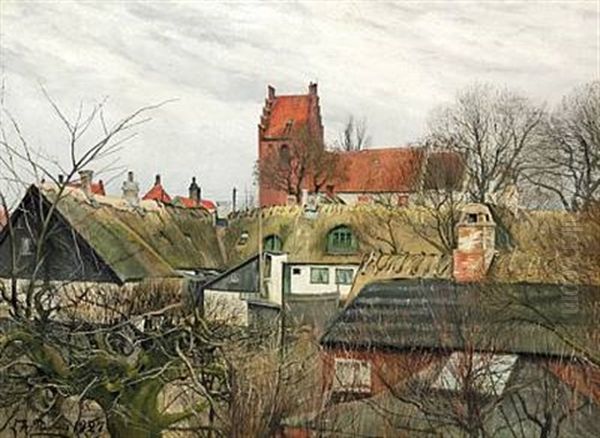 Gamle Huse Ved St. Jorgensbjerg Kirke Oil Painting by Laurits Andersen Ring