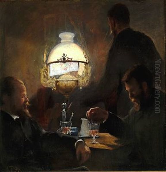 Paa En Cafe (interior With Painter Chr. Clausen And Chief Of Section Erik Reinhardt) Oil Painting by Laurits Andersen Ring