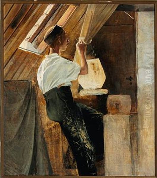 Tagkammerinterior Med En Pottemager Ved Sit Arbejde (a Potter At His Work In The Attic) Oil Painting by Laurits Andersen Ring