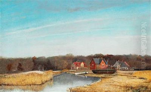 Efteraarslandskab Med En Aa I Midten. Frederiksvaerk. Huse Til H. Oil Painting by Laurits Andersen Ring