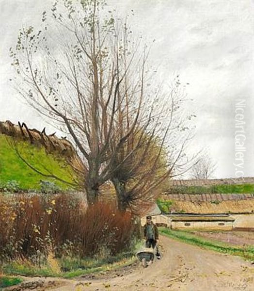 Efteraarsvejr. En Mand Kommer Kjorende Med En Hjulbor Ud Fra En Gaard Oil Painting by Laurits Andersen Ring