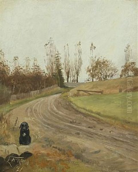 Dog Sitting By The Road Oil Painting by Laurits Andersen Ring