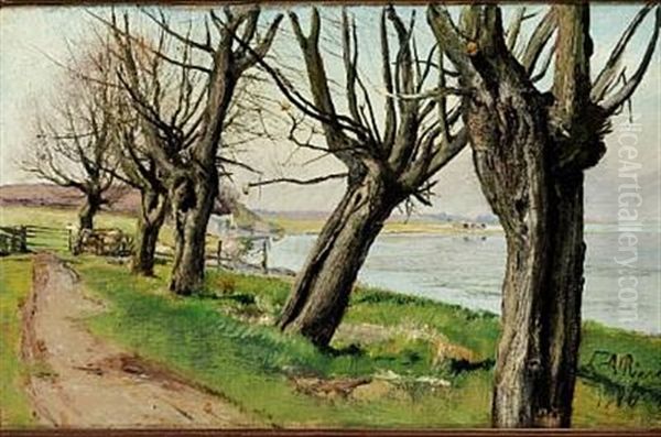 Landskab - Fem Bladlose, Gamle Piletraeer - Lys, Kold Blaa Luft (landscape With Old Willows) Oil Painting by Laurits Andersen Ring