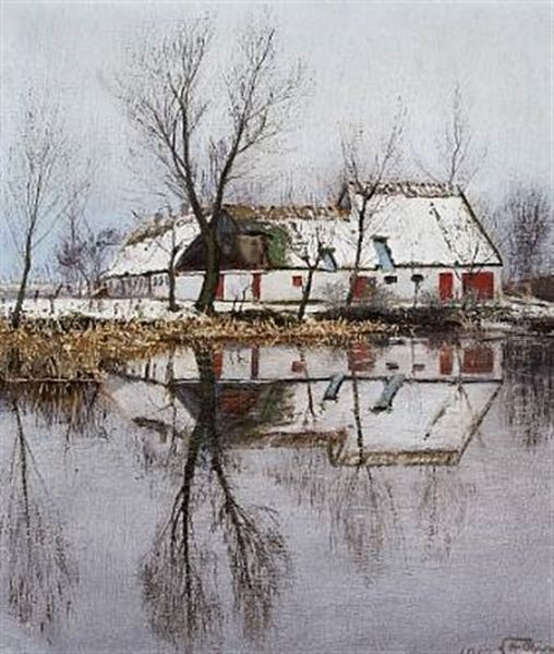 Martsdag Ved Gadekaeret I Baldersbronde - Huse Spejler Sig I Kaeret (a Day In March At The Village Pond In Baldersbronde. Houses Reflecting In The Pond) Oil Painting by Laurits Andersen Ring