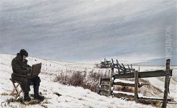 Vintermaleren - Snelandskab Med Maler Aage Bertelsen Siddende Ved Sit Arbejde (snow Landscape With The Painter Aage Bertelsen At His Work) Oil Painting by Laurits Andersen Ring