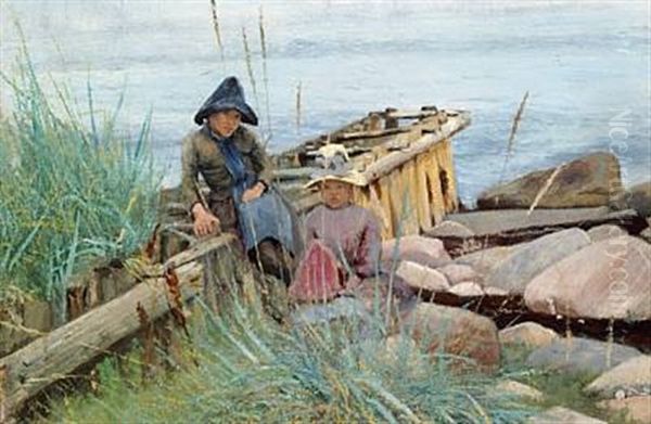 To Smaapiger Ved Stranden Oil Painting by Laurits Andersen Ring