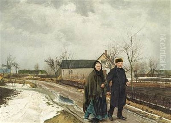 Vejen Gjennem Landsbyen. Naar Sneen Smelter. Paa Vejen Spadserer En Mand I Vinterfrakke Og Skindhue Sammen Med En Kone Med Graat Shawl Og Stribet, Sort Hovedtorklaede Oil Painting by Laurits Andersen Ring