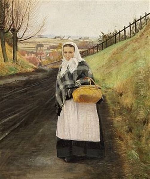 En Kone Med Taernet Shawl, Hvidt Strikket Hovedtorklaede Og En Kurv Paa Armen, Gaaende Paa En Landevej Oil Painting by Laurits Andersen Ring