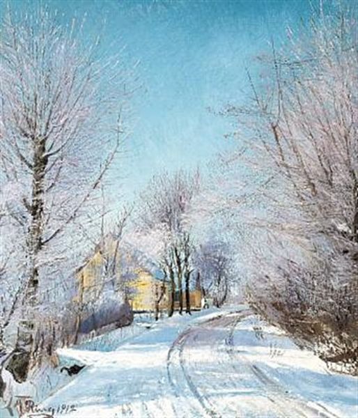 Rimfrost. Opkort Landevej Med Rimpudrede Traeer Paa Begge Sider. Tilvenstre Et Gult Hus Oil Painting by Laurits Andersen Ring