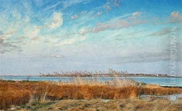 Roskilde Fjord, Vinter, Gule Og Brune Siv I Forgrunden Oil Painting by Laurits Andersen Ring