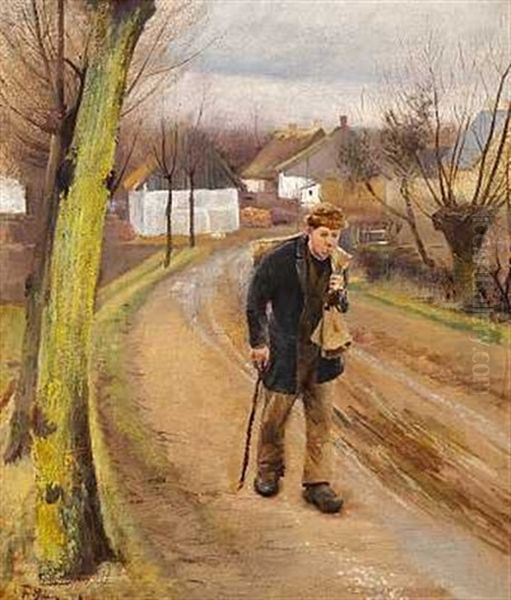 Vej Gennem Landsbyen. I Forgrunden En Mand Med En Saek Pa Ryggen Oil Painting by Laurits Andersen Ring