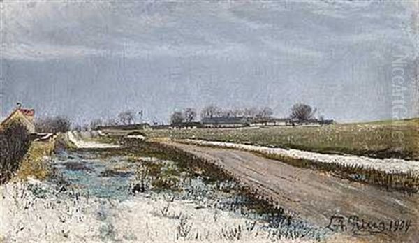 Vinterdag Med Sne. Landevej I Graavejr Oil Painting by Laurits Andersen Ring