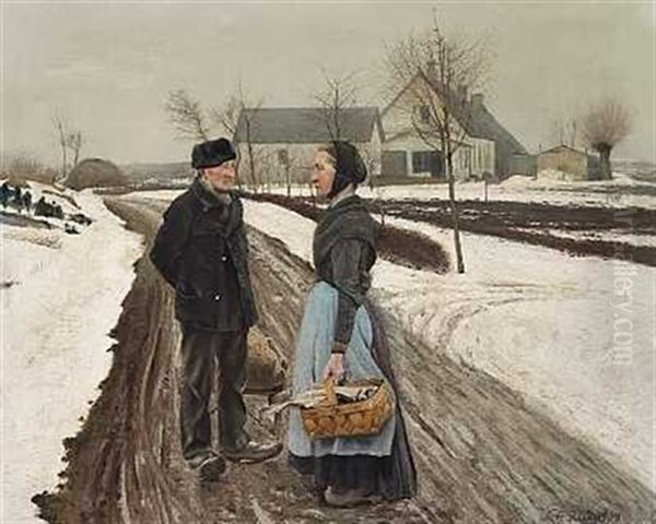 Et Lille Hvil. Sneklaedte Marker Paa Begge Sider Af Den Optoede Landevej, Paa Hvilken En Mand Og En Kone Staaende I Samtale. Hun Baerer En Kurv Med Klipfisk M.m Oil Painting by Laurits Andersen Ring