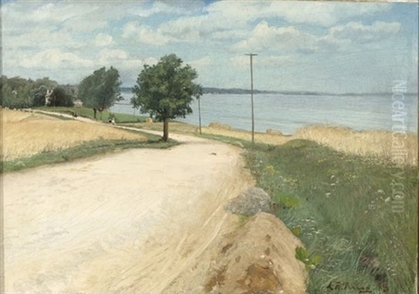 Ved Rungsted, Vej Over Kornmarker, I Baggrunden Udsigt Til Sundet, Den Svenske Kyst Og Hveen, Sommer Oil Painting by Laurits Andersen Ring