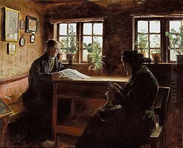 En Husmandsfamilie Fra Atterup Ved Faxe. Til V. I Baggrunden Manden, Set, Laesende En Avis. Til H. I Forgrunden Konen, Der Strikker Oil Painting by Laurits Andersen Ring