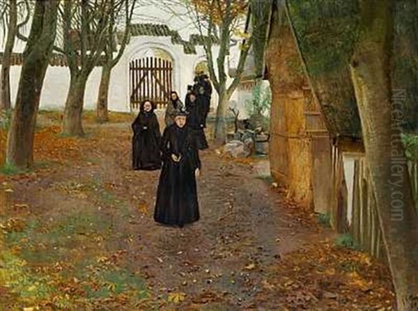 Folk, Som Gaa Fra Kirke. Mogenstrup Oil Painting by Laurits Andersen Ring