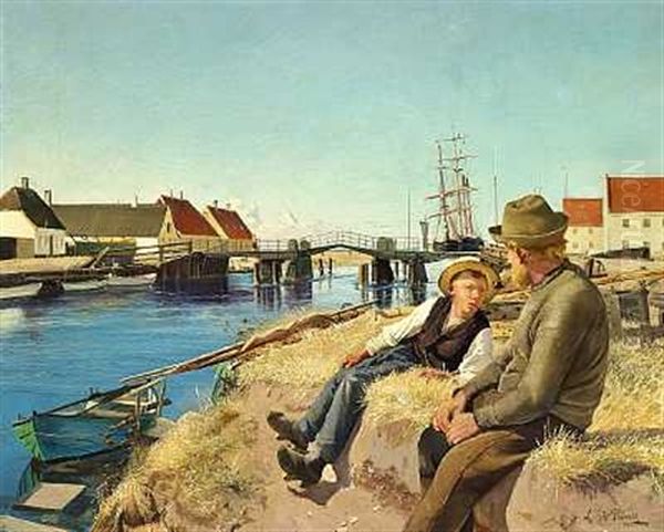 Sondag Formiddag Ved Karrebaeksminde Ladeplads Ved Broen Over Aaen. Sommer. I Baggrunden Skibe Ved Bolvaerket. I Forgrunden Jacob Larsen Og Hans Son Erik Siddende Oil Painting by Laurits Andersen Ring