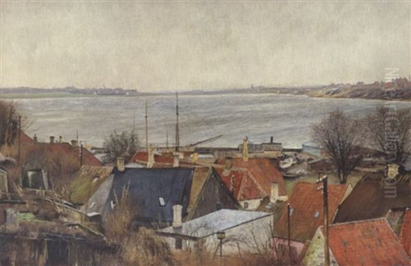 Udsigt Over Roskilde Fjord. I Forgrunden Rode Og Lyse, Graa Tage Samt En Gulgron Staerekasse Pa En Stang Oil Painting by Laurits Andersen Ring