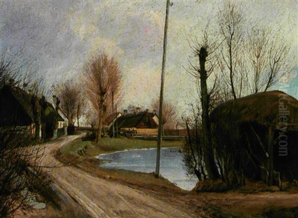 Landsbygade. Til Hojre I Forgrunden Et Skur Med Halmtag Oil Painting by Laurits Andersen Ring