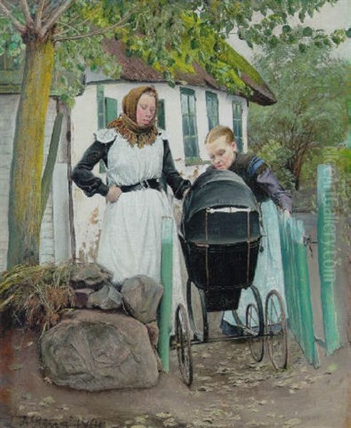 Udenfor Et Bondehus. To Kvinder Ved En Barnevogn Oil Painting by Laurits Andersen Ring