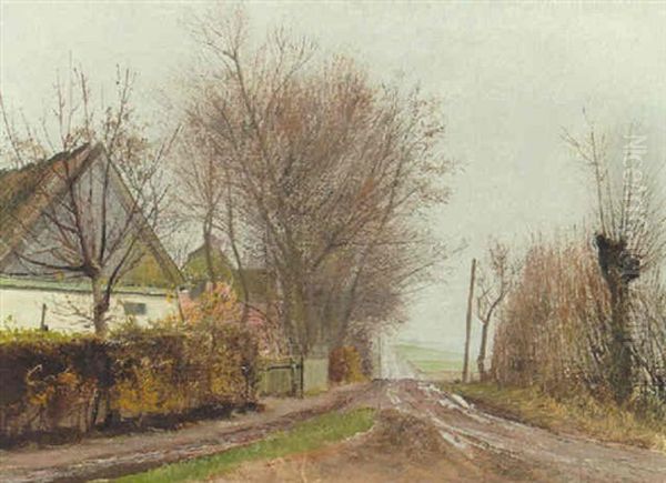 En Opblodt Og Opkort Vej Med En Tjornehaek Og Et Hvidt Hus Til Venstre Oil Painting by Laurits Andersen Ring