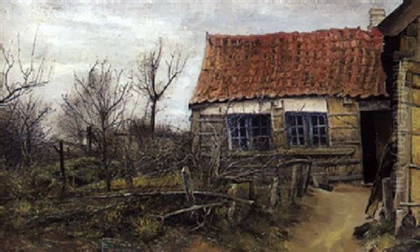 Udenfor En Gammel Smedie, Til Venstre Bladlose Traeer Og Vaeltede Traeer, Til Hojre Gavlen Af Et Hus Oil Painting by Laurits Andersen Ring