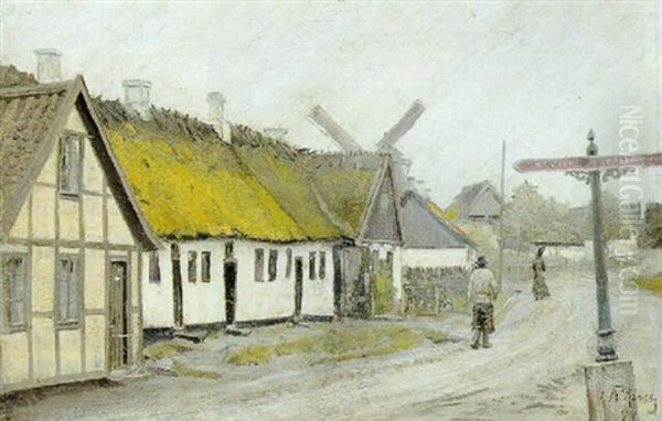 Vej Gennem Lilli Naestved, I Venstre Side Husraekke Og Molle, Til Hojre Vejviser Med Naestved Og Korsor Elle Skaelskor Oil Painting by Laurits Andersen Ring