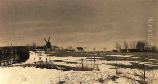 A Winter Landscape With A Windmill Oil Painting by Laurits Andersen Ring