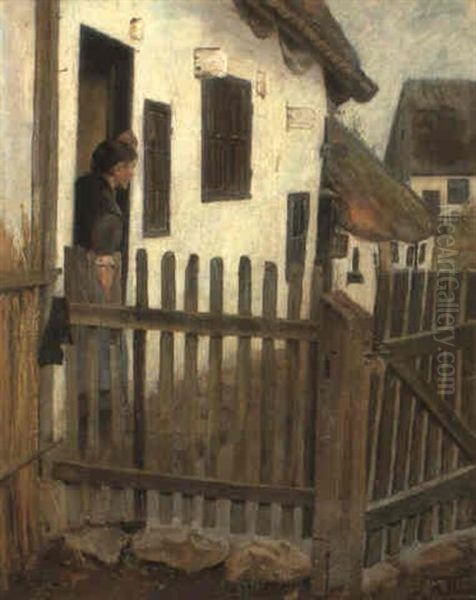 Bondekone I D+ren Til Et Hvidkalket Hus Oil Painting by Laurits Andersen Ring