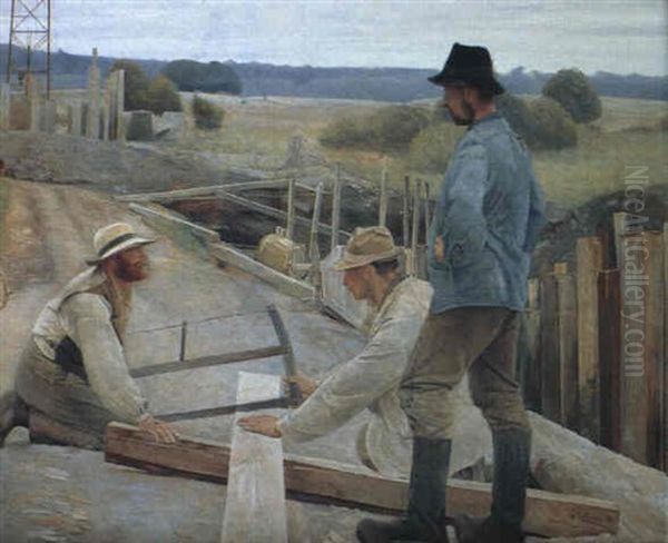 Arbejdere Ved Vandledningen Ved Sonderso. En Afstivet       Udgravning Med Eng Og Skov Som Baggrund. To Maend I Oil Painting by Laurits Andersen Ring