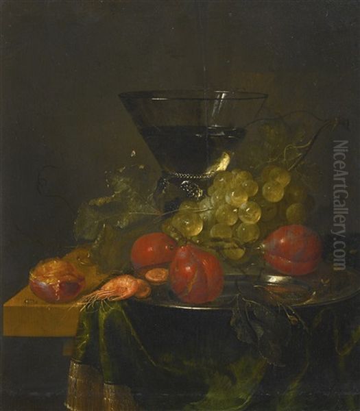 Still Life Of A Glass, With Peaches, Shrimps And Grapes On A Pewter Dish Oil Painting by Pieter de Ring