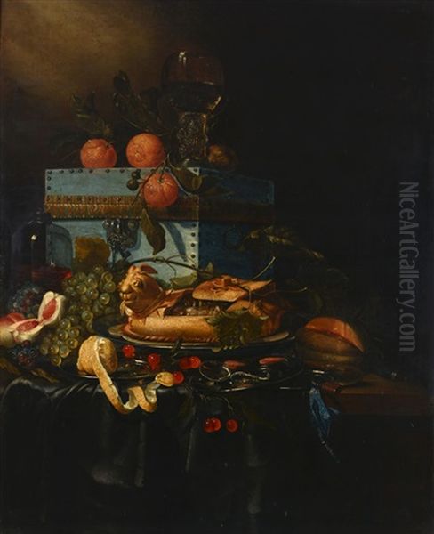 Grapes, Peaches, Cherries And Other Fruit, With A Chest And A Goblet, On A Draped Table Oil Painting by Pieter de Ring