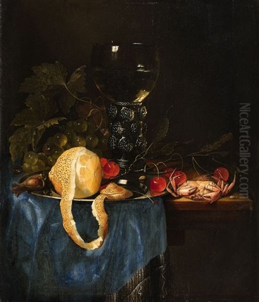 Still Life With A Lemon, Rummer, Grapes, Cherries And Shellfish Oil Painting by Pieter de Ring